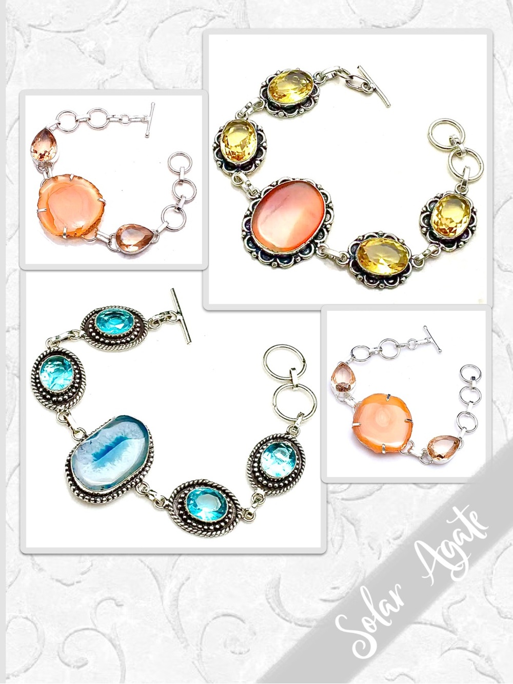 Solar Agate Silver Artisan Bracelet, Adjustable (Turquoise Blue, Orange, Yellow)